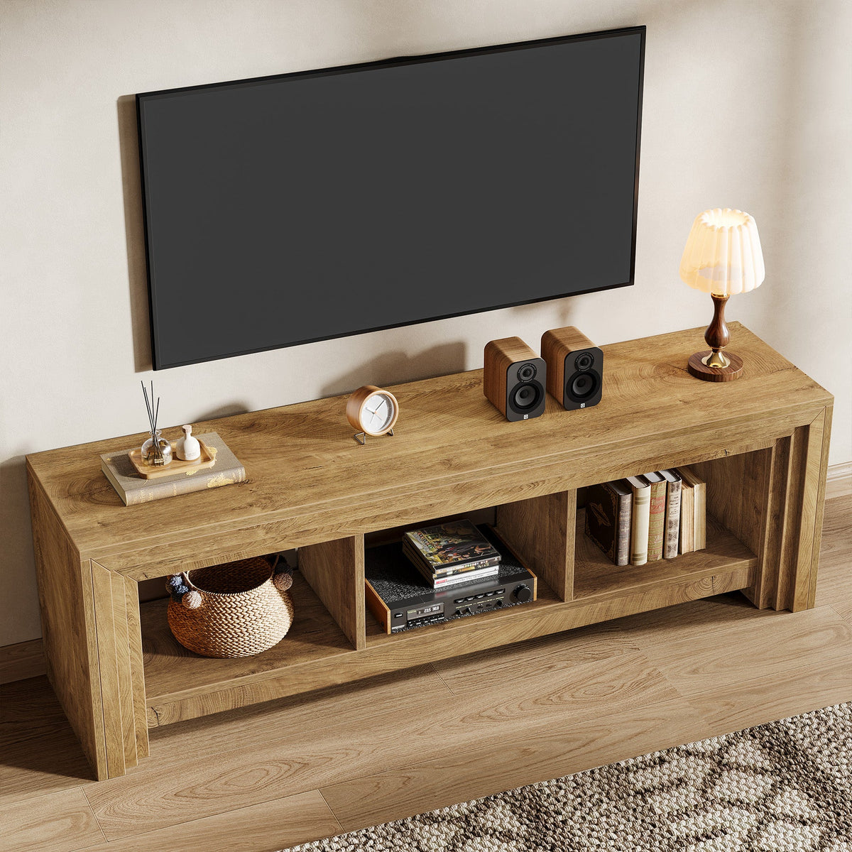 63-Inch Farmhouse TV Stand, Oak Media Console with Open Storage for Living Room