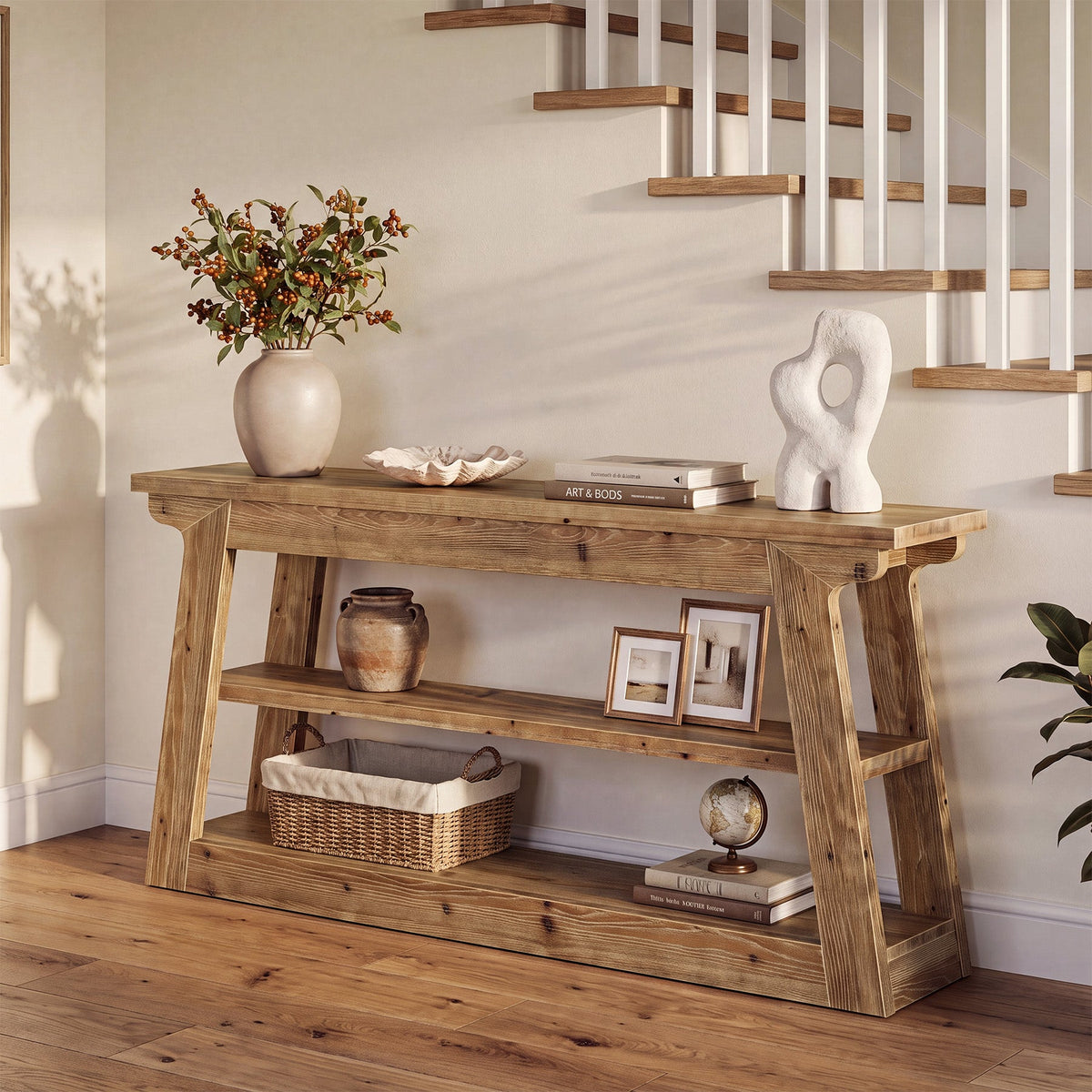 63-Inch Solid Wood Console Table with 3-Tier Storage, Farmhouse Hallway Entry Table