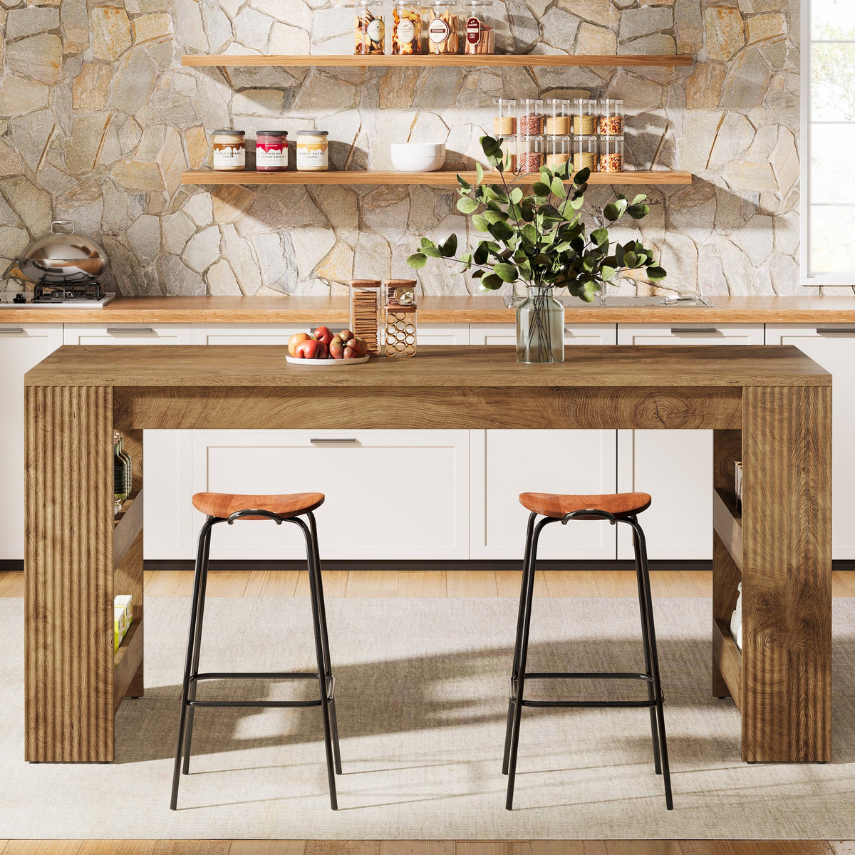 63 Inch Farmhouse Kitchen Island with Double-Sided Storage Shelves
