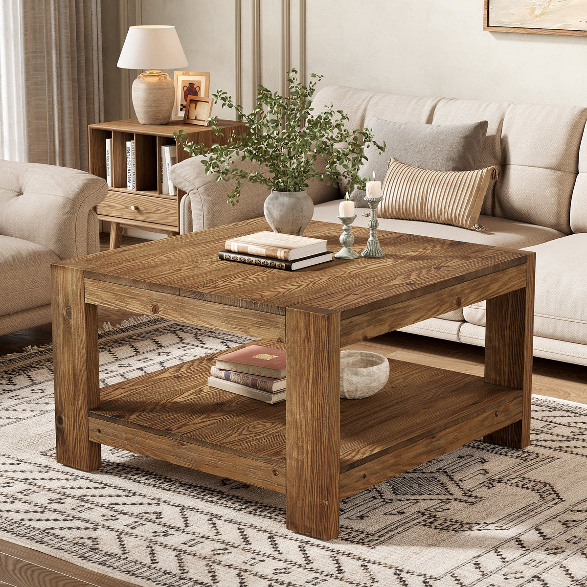 31.5-Inch Square Farmhouse Coffee Table with Storage Shelf, Solid Wood Center Table for Living Room
