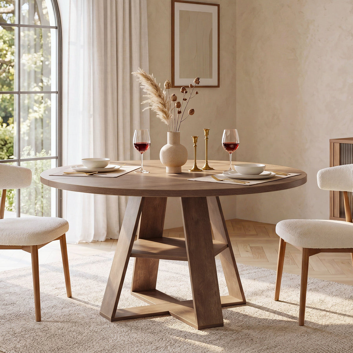 47.24-Inch Round Dining Table for 4-6, Modern Farmhouse Kitchen Table with X-Cross Pedestal Base and Storage Shelf for Dining Room