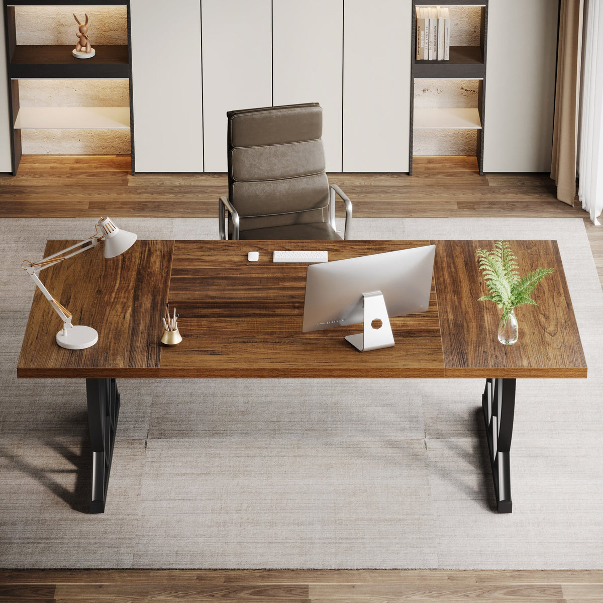 70.86-Inch Executive Desk, Large Home Office Computer Desk with Trestle Metal Frame for Study and Writing