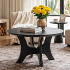 31.1 Inch Round Coffee Table with Cross Base, Modern Black Table for Living Room