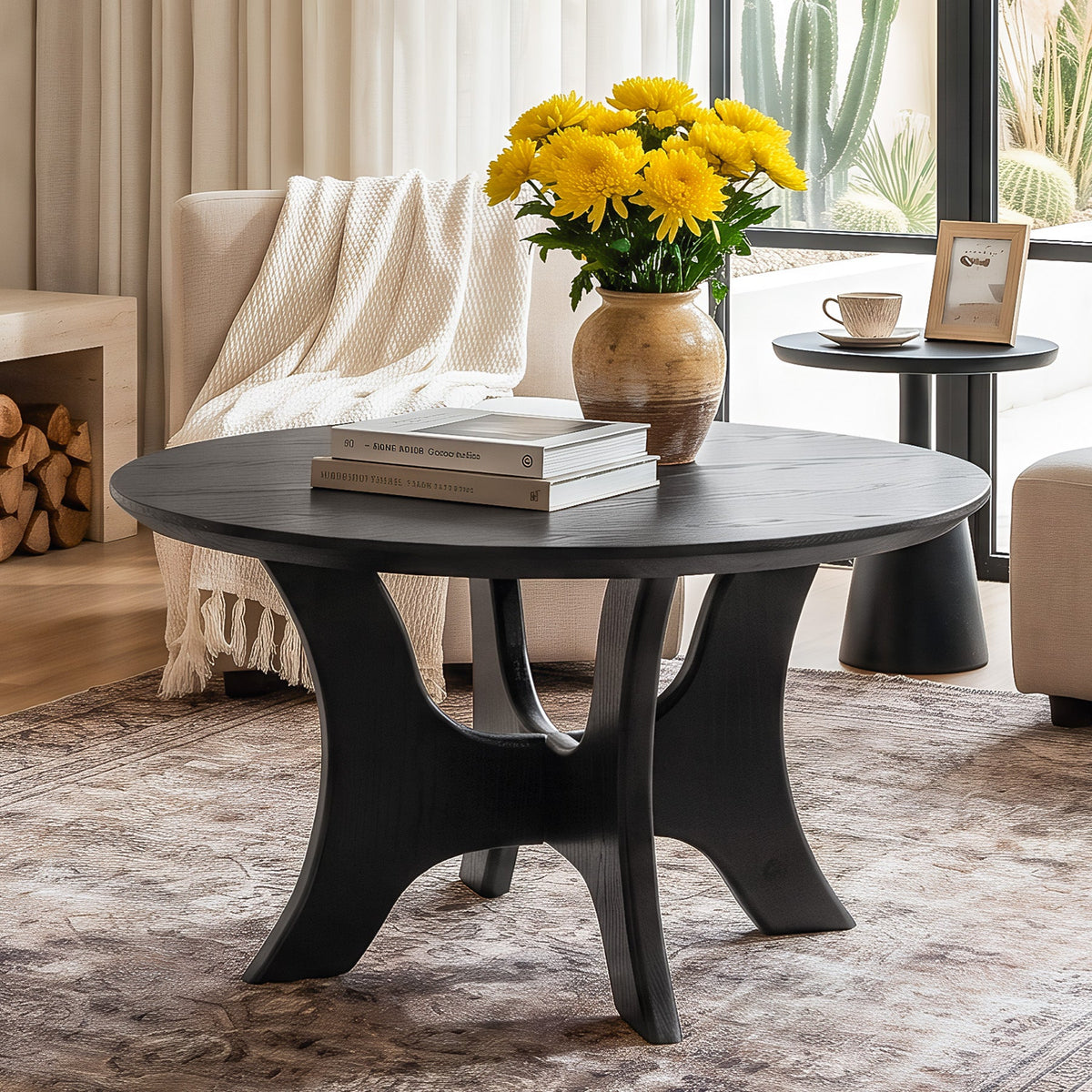 31.1 Inch Round Coffee Table with Cross Base, Modern Black Table for Living Room