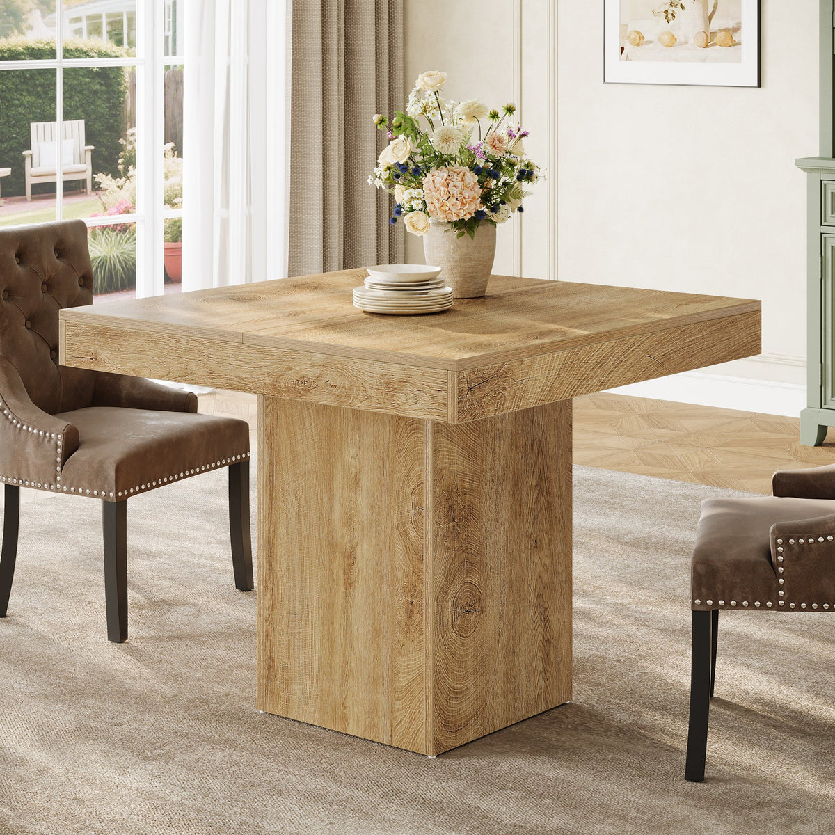 39" Square Farmhouse Dining Table, Solid Wood Kitchen Table with Pedestal Base for 4