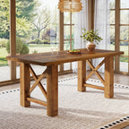 63-Inch Solid Fir Wood Dining Table with Herringbone Top, Farmhouse Table for Dining Room