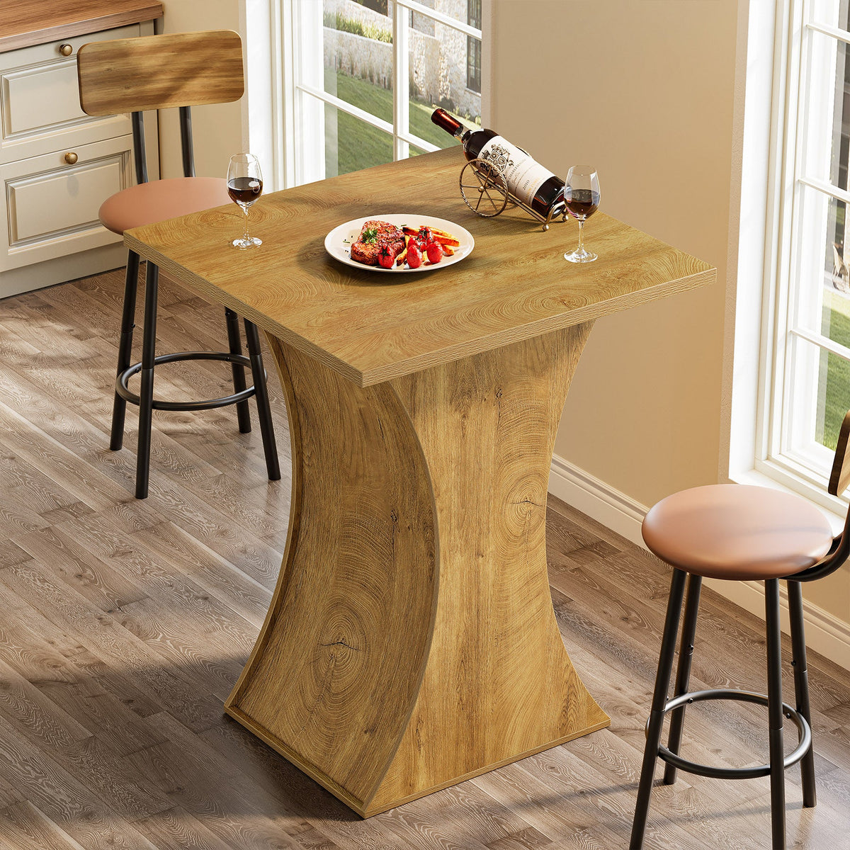 39.4 Inch Square Bar Table with Hourglass Base, Farmhouse Pub Table for Small Spaces