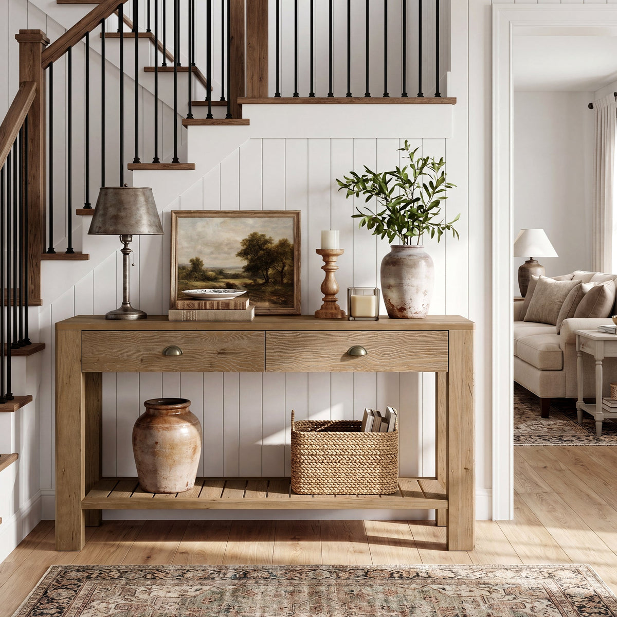 55.12 Inch Solid Fir Wood Console Table with 2 Drawers, Narrow Hallway Table with Shelf