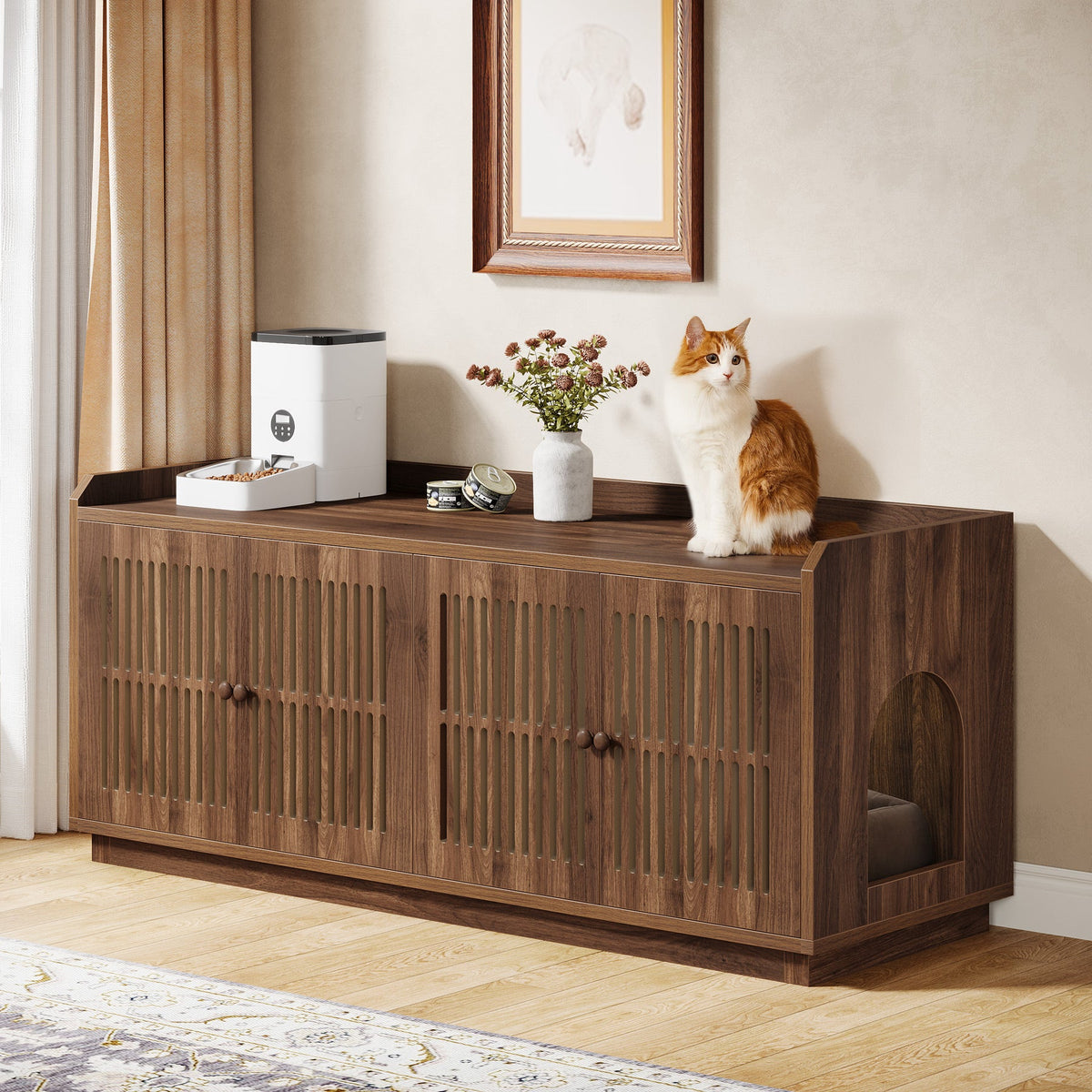 55.1-Inch Extra Large Cat Litter Box Enclosure for 2 Cats with 2 Cabinets and Side Entry, Hidden Wooden Cat Washroom Furniture for Living Room