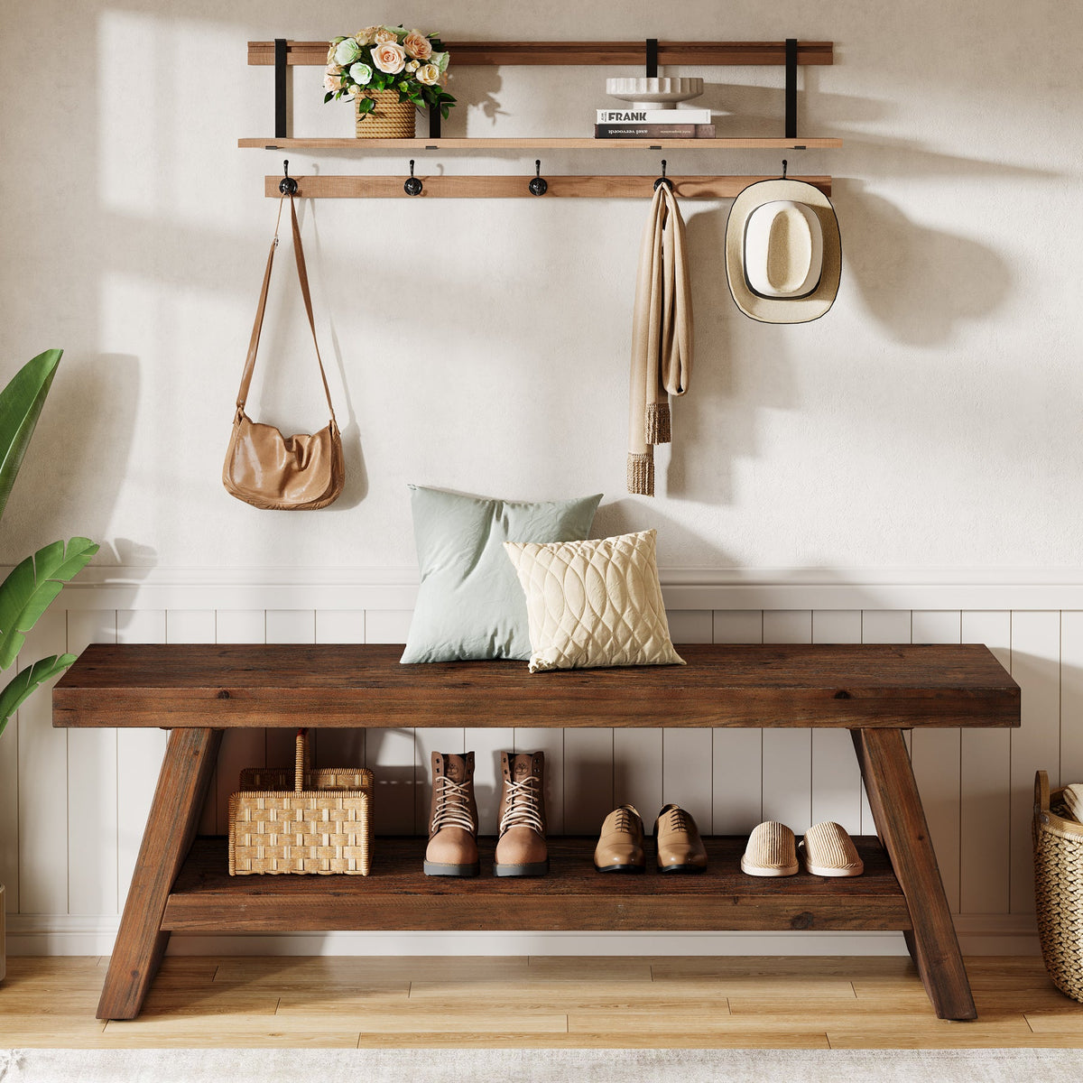 47-Inch 2-Tier Wooden Storage Bench, Open Shelving Hallway Seat with Solid Fir Frame for Living Room