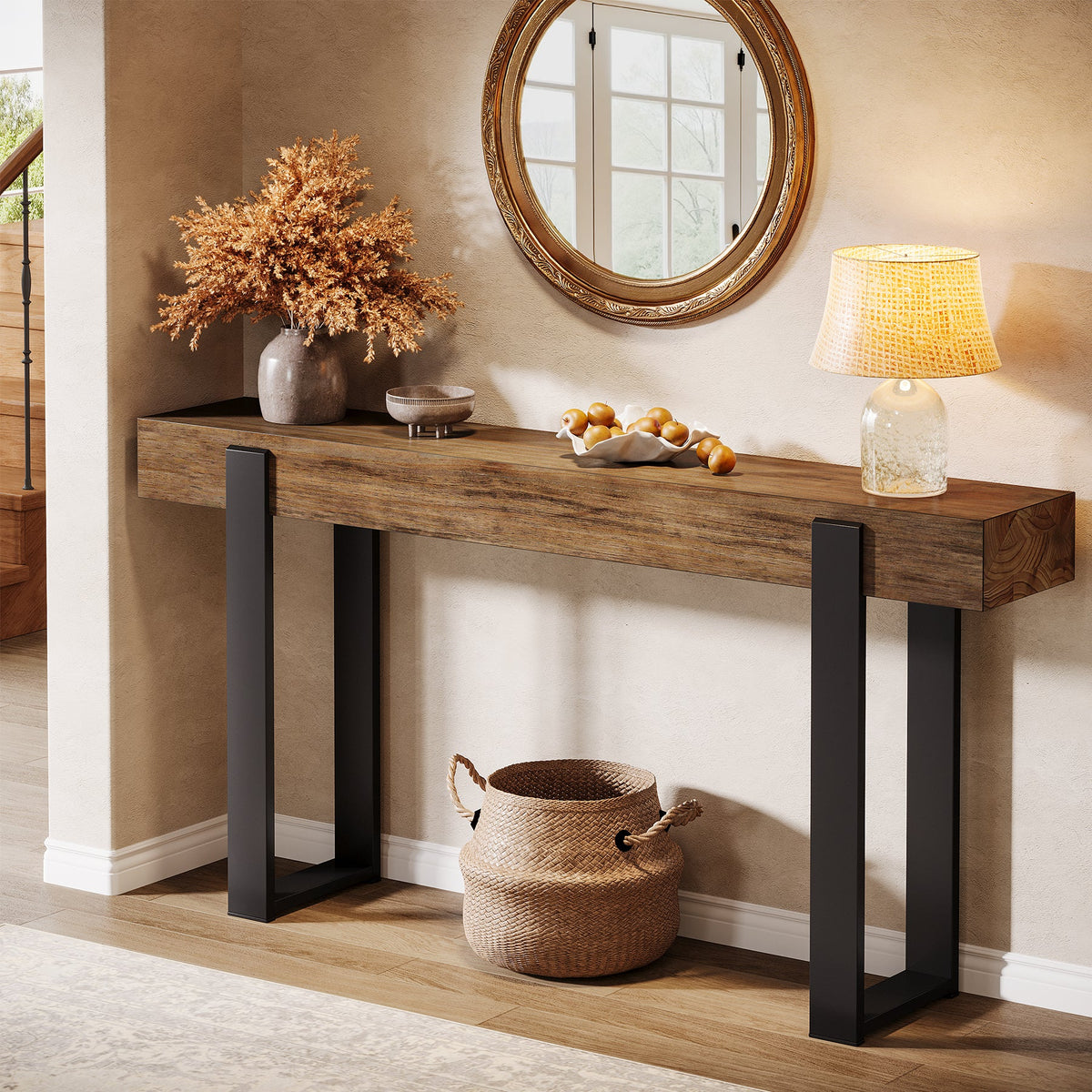 63-Inch Solid Wood Sofa Table with Metal Support, Narrow Console Table for Behind Couch