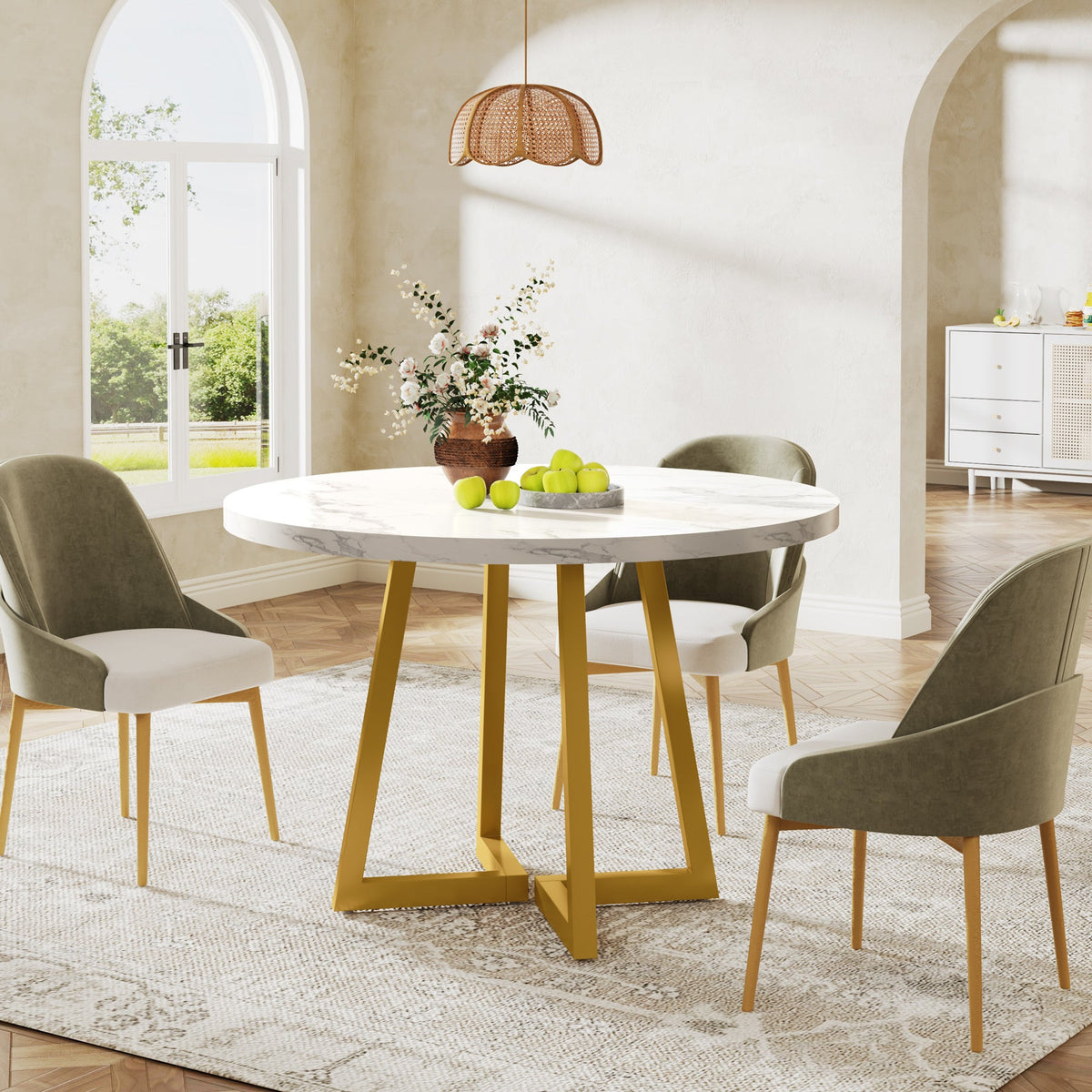 31.5-Inch Round Dining Table for 2, Compact Kitchen Table with Geometric Metal Base#Colour_White
