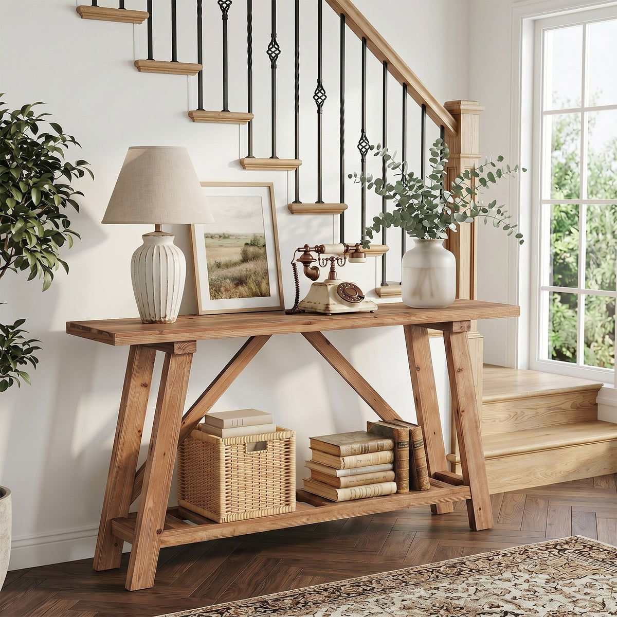 62.99-Inch Solid Wood Console Table, Narrow Design with Storage Shelf for Entryway Living Room and Hallway