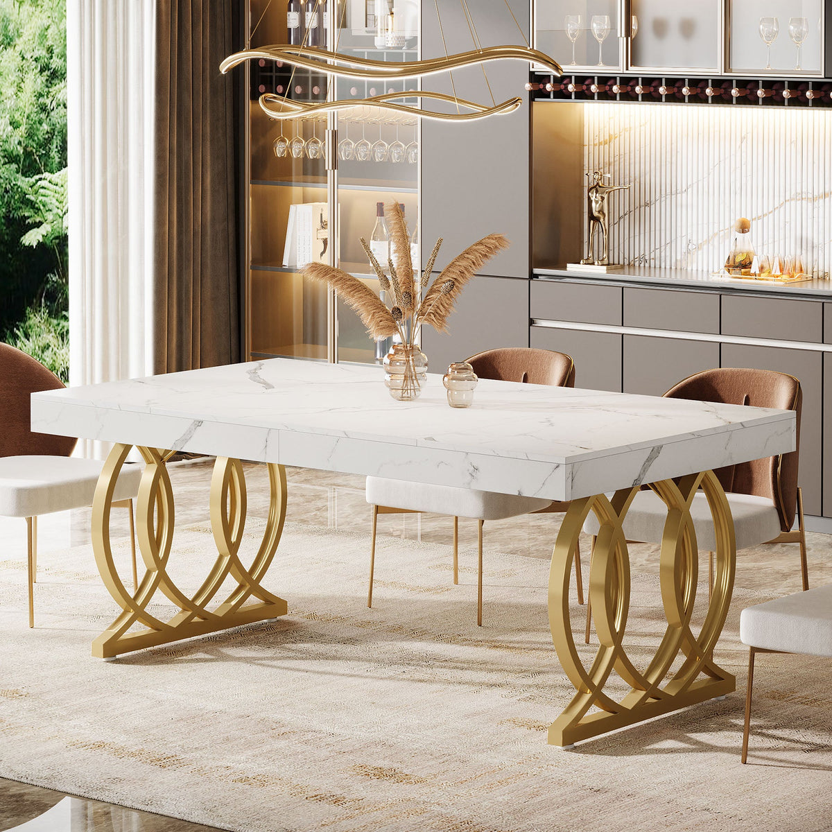 63-Inch Modern Dining Table for 4-6 People, Faux Marble Kitchen Table with Gold Legs