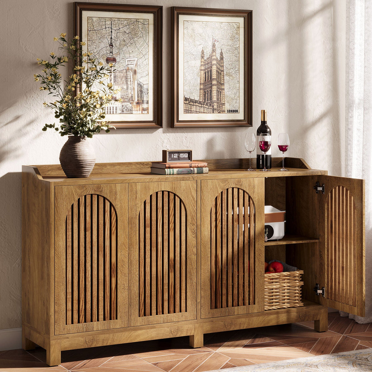 57-Inch Buffet Cabinet with Adjustable Shelves and Grille Doors, Long Sideboard Cabinet for Dining Room