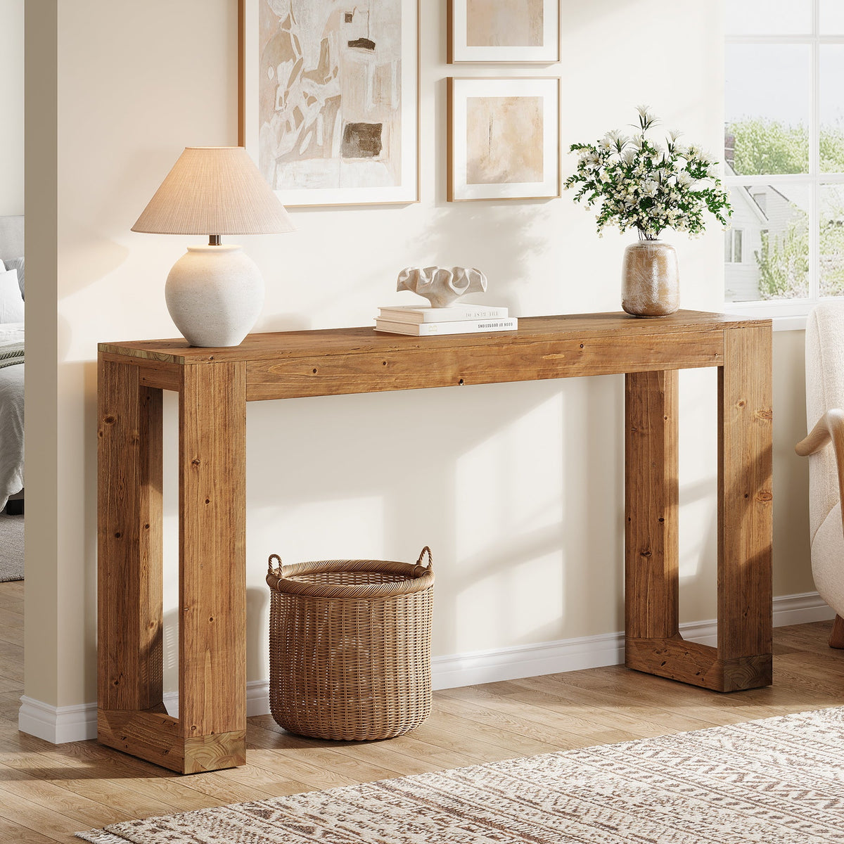 63-Inch Farmhouse Console Table with Reinforced Base, Solid Wood Sofa Table for Entryway Study and Living Room