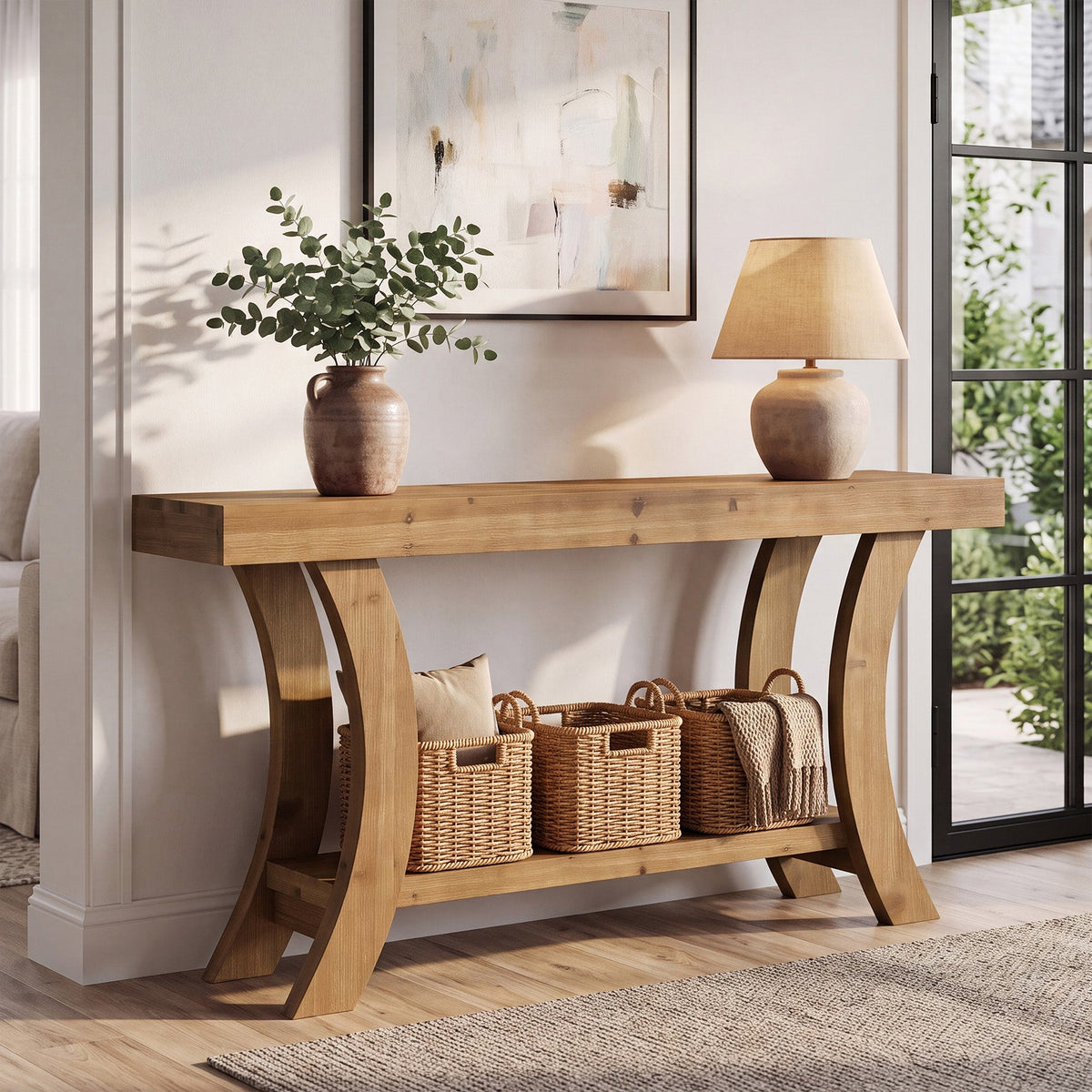 63 Inch Solid Wood Console Table with Shelf, Arched Farmhouse Entryway and Sofa Table