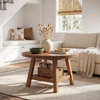 31.5 Inch Solid Wood Round Coffee Table with 2-Tier Storage, Living Room Center Table