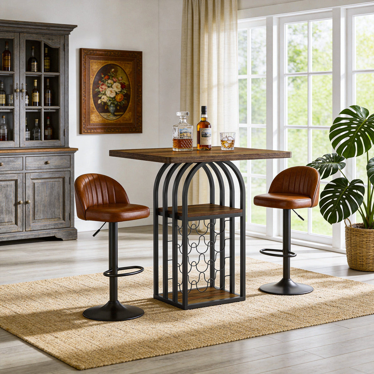 35.43-Inch Square Bistro Pub Table with Wine Rack, Home Bar Table for Kitchen and Living Room