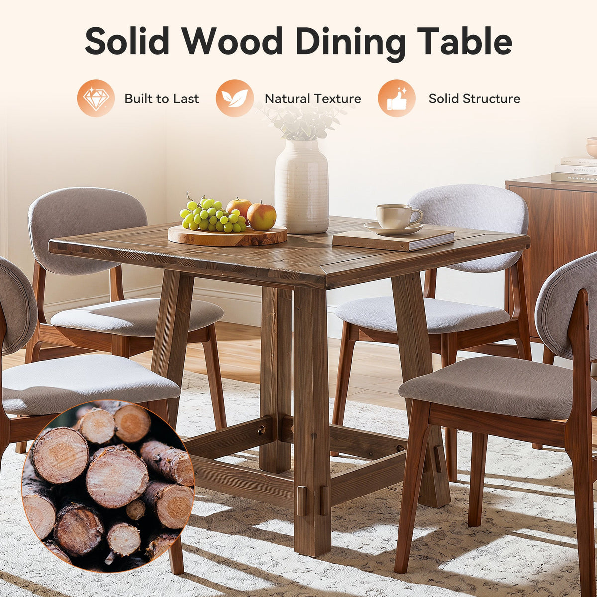 31.49-Inch Solid Wood Square Dining Table for 4, Farmhouse Kitchen Table for Small Spaces