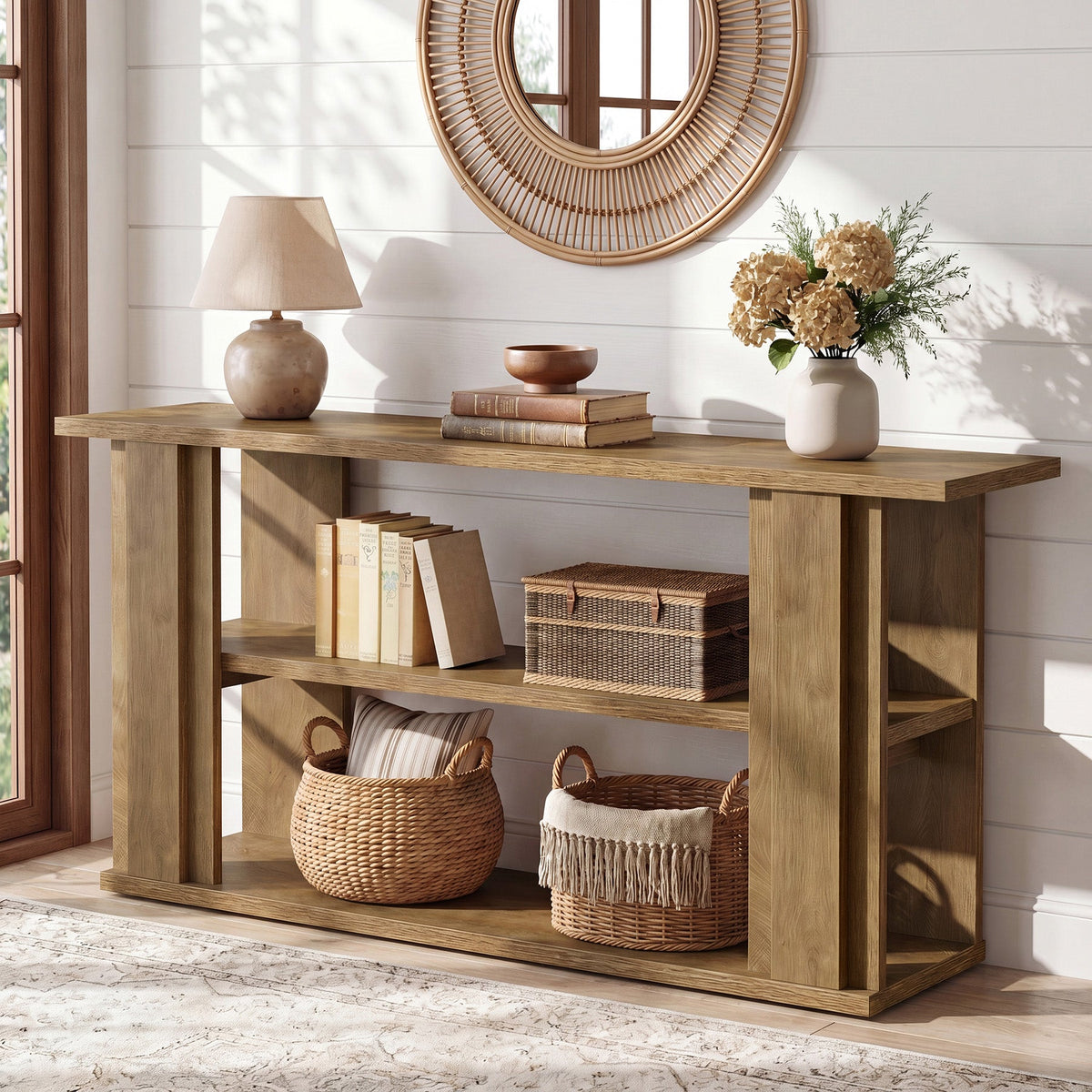 63-Inch Farmhouse Console Table with 3-Tier Storage Shelves and Wide Panel Supports, Narrow Sofa Table for Living Room Hallway and Foyer