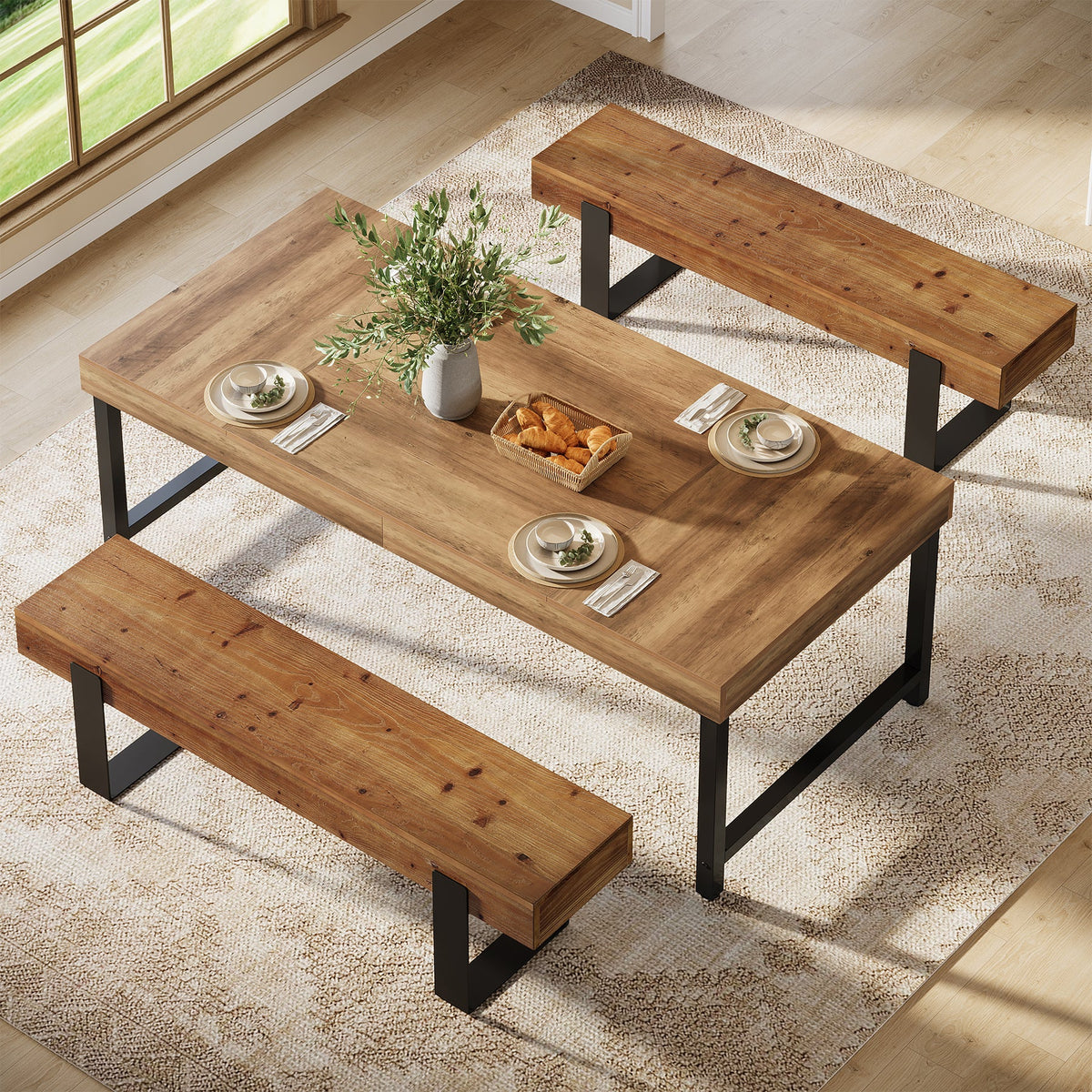 63-Inch Solid Wood Dining Bench, Farmhouse Kitchen Seat with Metal Legs for Dining Room