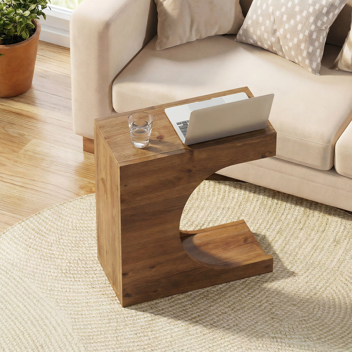 11.8-Inch Wide Solid Wood C-Shaped Side Table with 2-Tier Storage Shelf