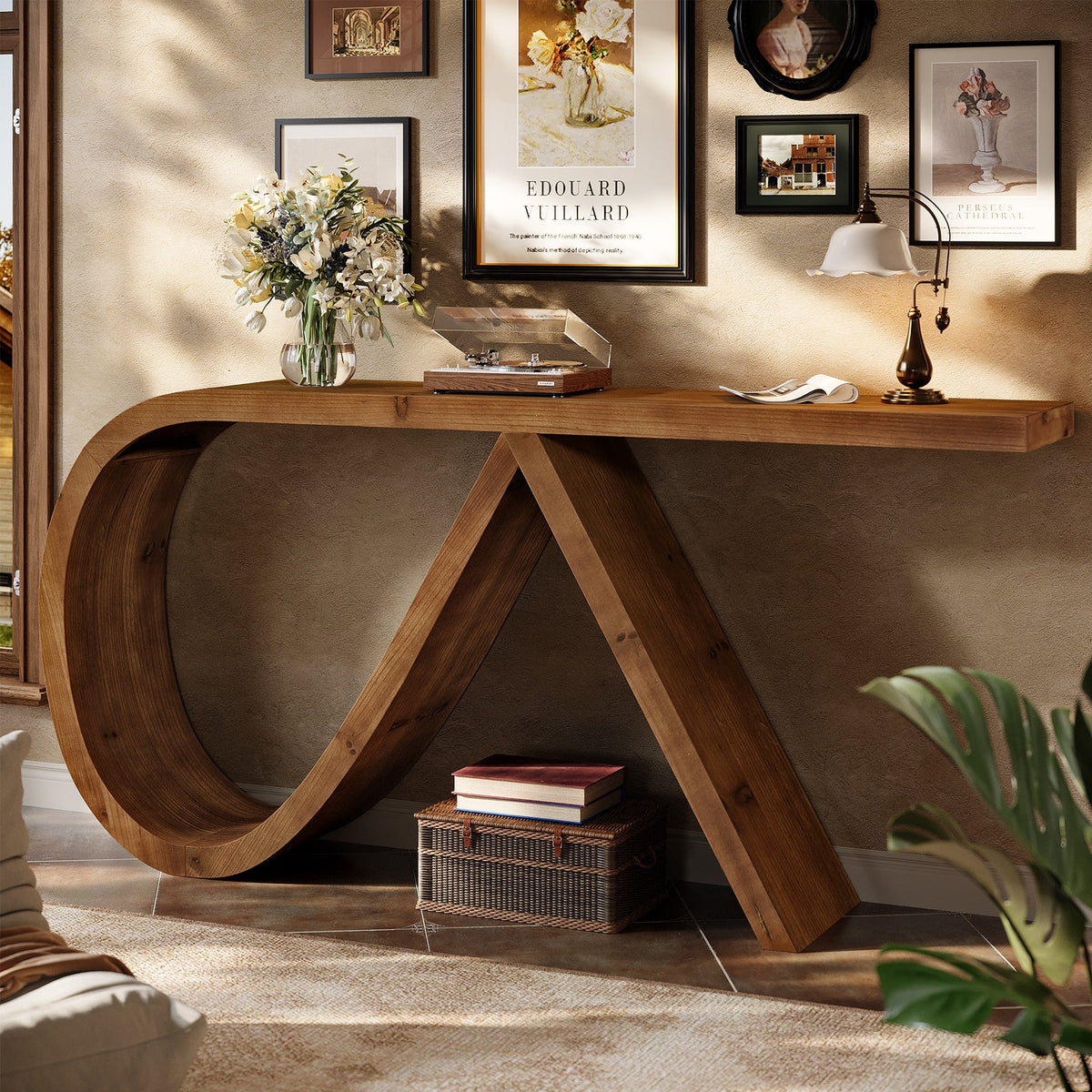 57-Inch Curved Console Table, Solid Wood Sofa Table for Hallway
