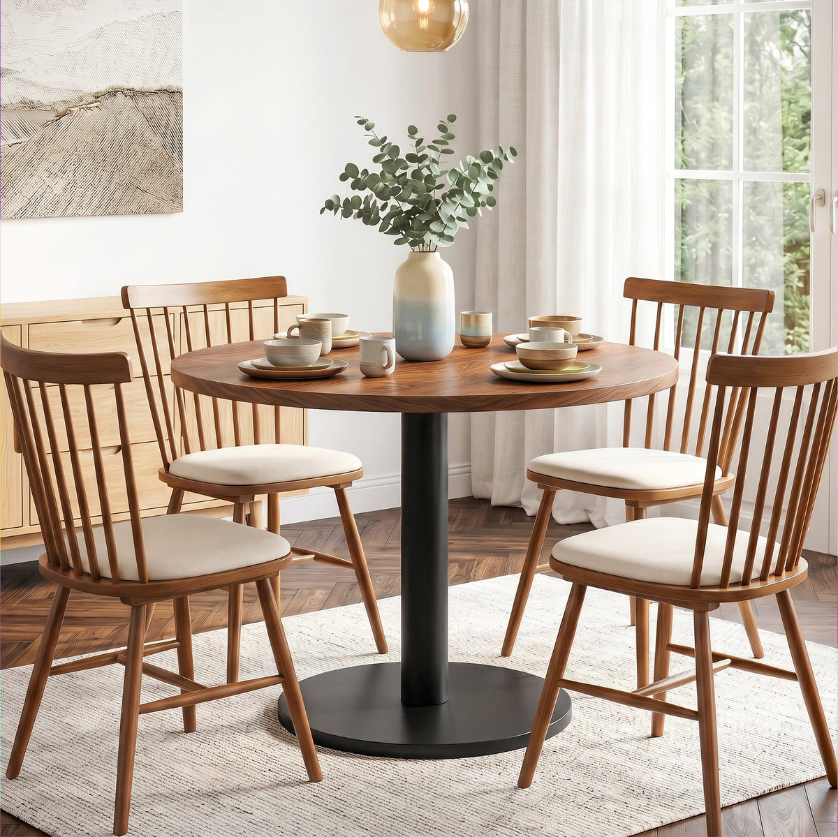 31.5-Inch Round Dining Table with Black Metal Pedestal Base, Small Kitchen Table for 2-4 People in Dining Room