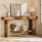 63-Inch Solid Wood Console Table with 2-Tier Storage Shelf, Farmhouse Narrow Sofa Table for Entryway