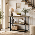 63-Inch 3-Tier Narrow Console Table with Curved Metal Frame, Modern Vintage Entryway Sofa Table for Living Room