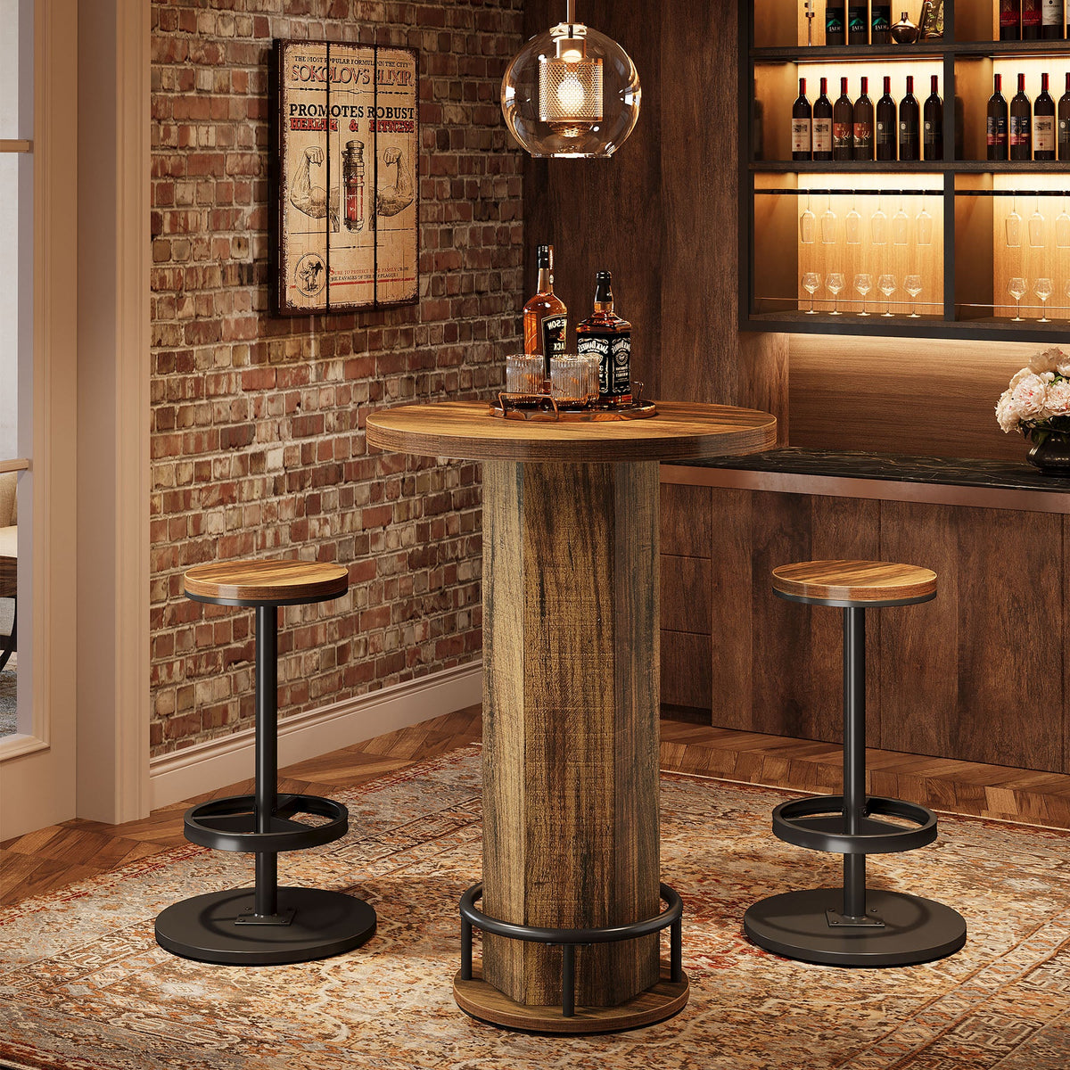 23.62-Inch Round Bar Table Set, Industrial Bistro Table with 2 Bar Stools and Metal Footrest for Kitchen Apartment