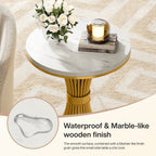 20" Round End Table with Faux Marble Top, White Side Table with Gold Metal Base