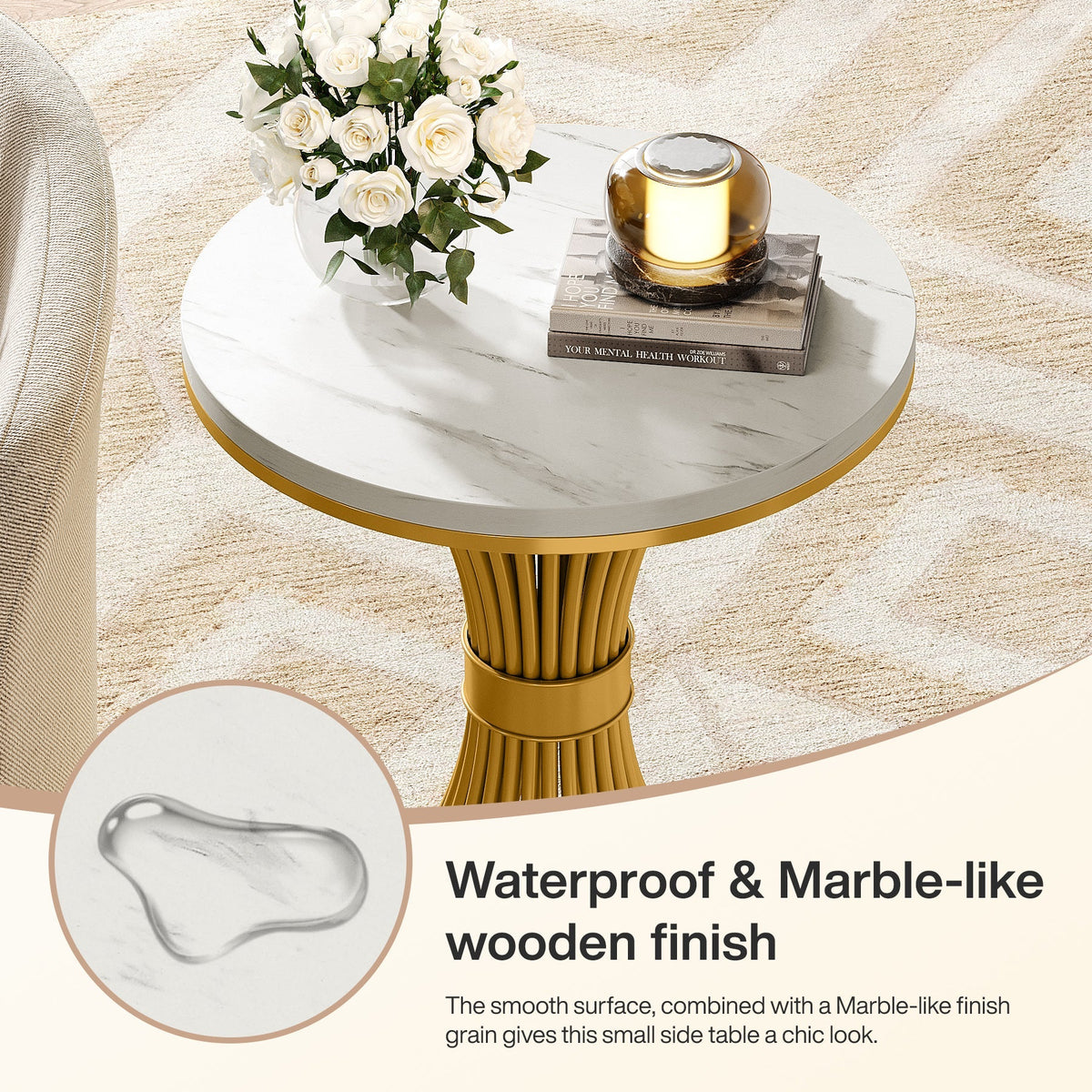 20" Round End Table with Faux Marble Top, White Side Table with Gold Metal Base
