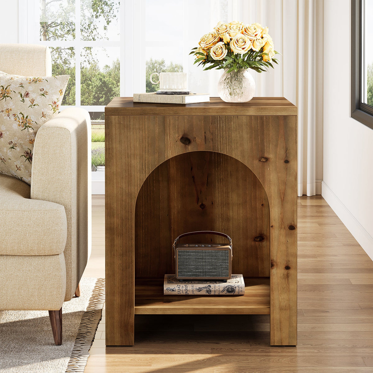 19.69-Inch Farmhouse Side Table with Arch Design, Wooden End Table for Living Room