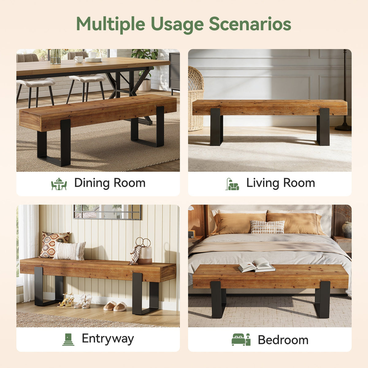 63-Inch Solid Wood Dining Bench, Farmhouse Kitchen Seat with Metal Legs for Dining Room