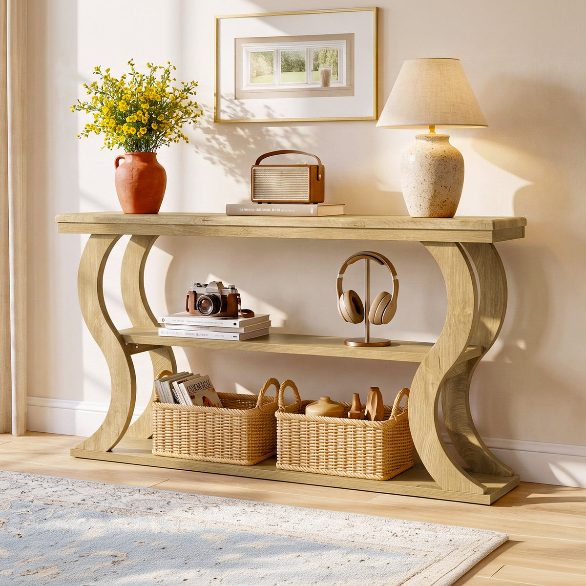 55 Inch Console Table with 3-Tier Storage, Farmhouse Hallway Table with Wave Legs