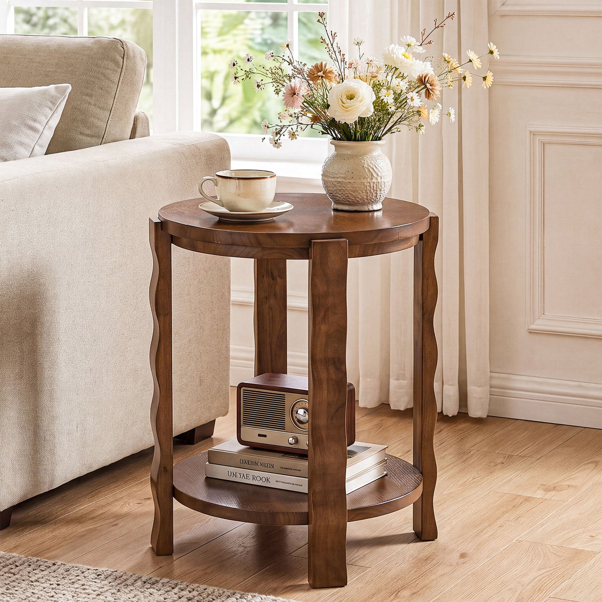 19.69-Inch Round Side Table with 2-Tier Storage, Solid Wood End Table for Living Room