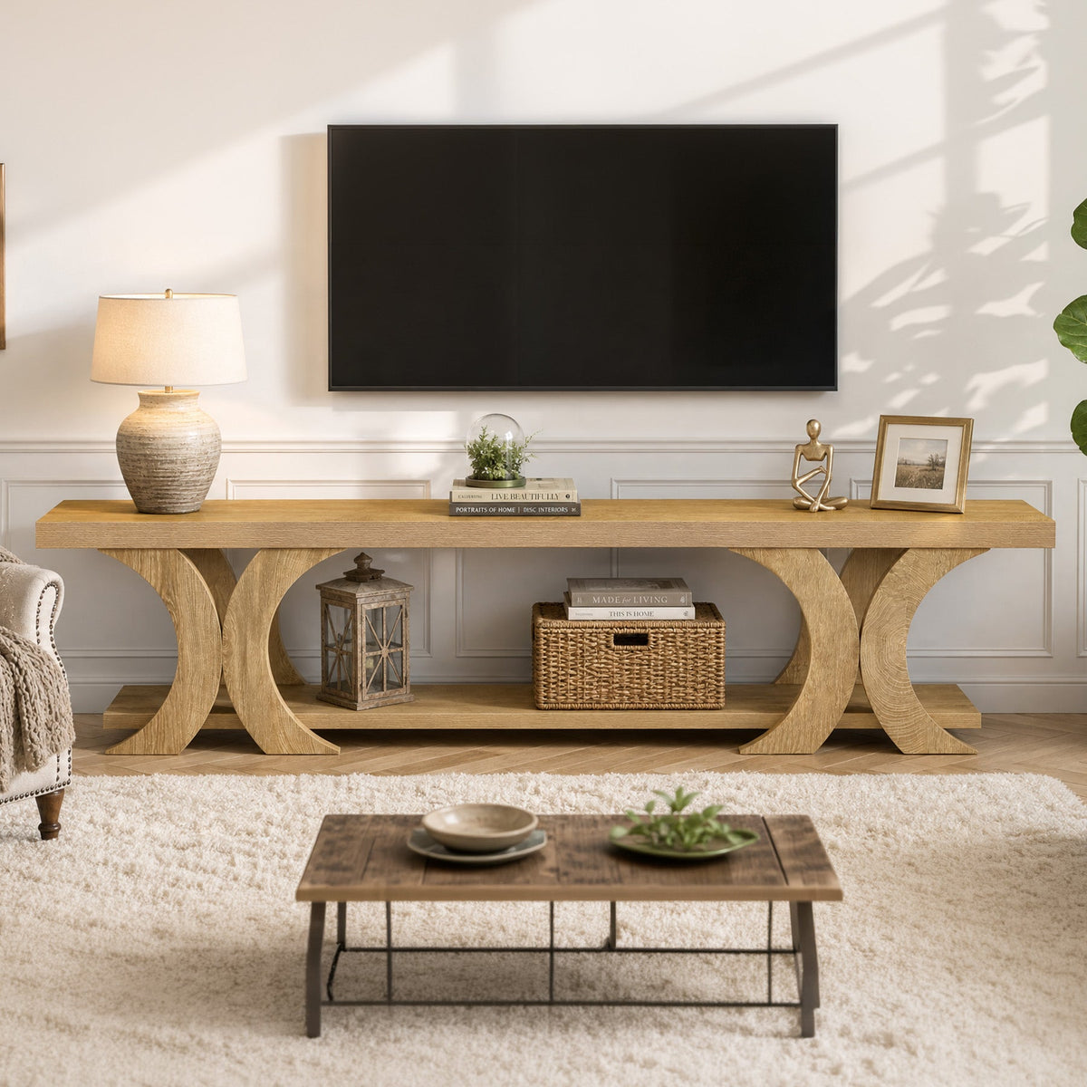70.87-Inch Extra Long TV Stand with Open Shelf, Farmhouse Media Console for Living Room