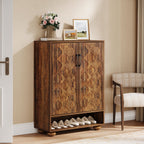 31.5-Inch Solid Wood Shoe Cabinet for Entryway, Farmhouse Tall Shoe Storage Cabinet with Doors and Adjustable Shelves for Hallway