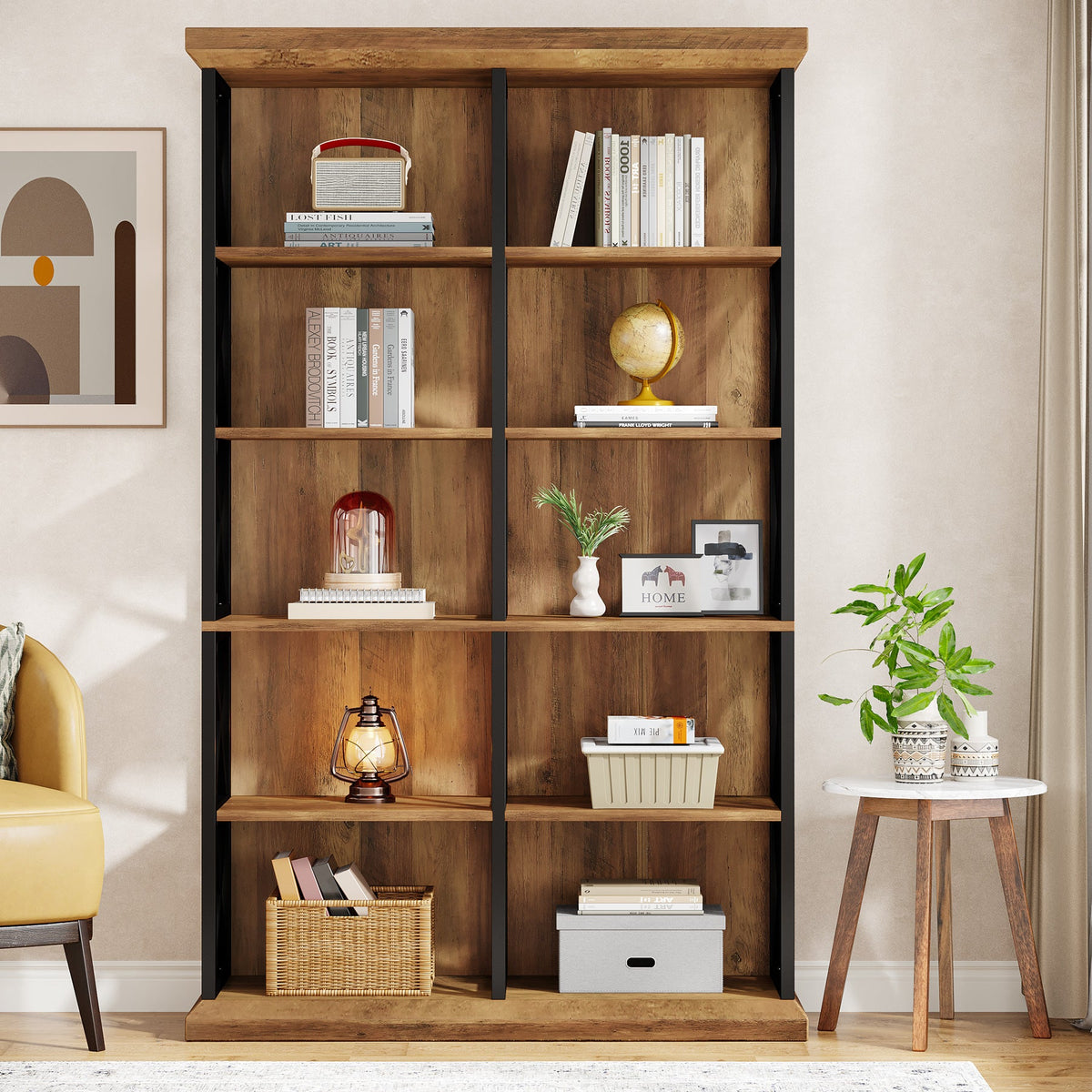 75-Inch Tall Double Wide Bookcase, 6-Tier Industrial Bookshelf with X-Pattern Frame
