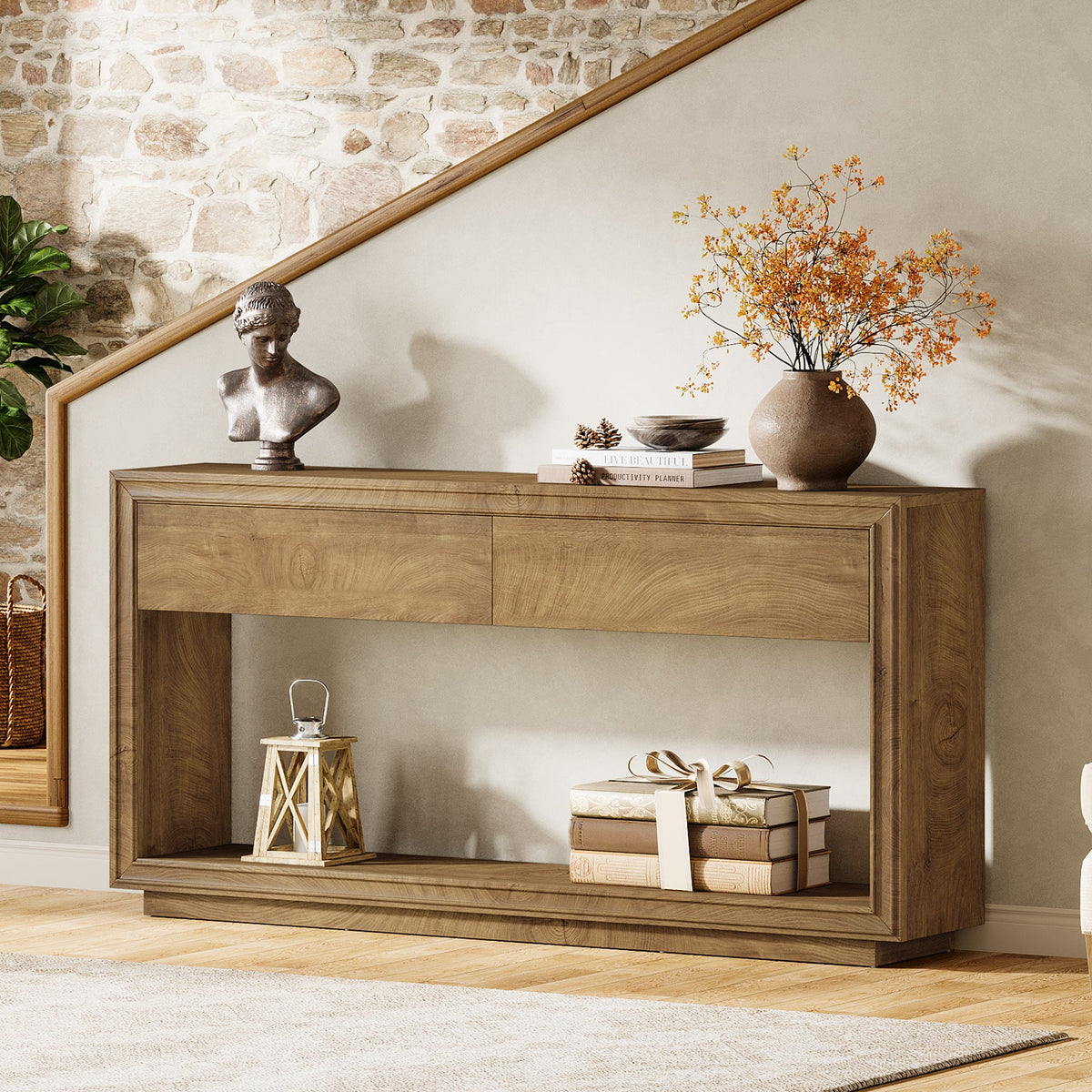 63-Inch Console Table with 2 Drawers, Farmhouse Entryway Table with Storage for Hallway