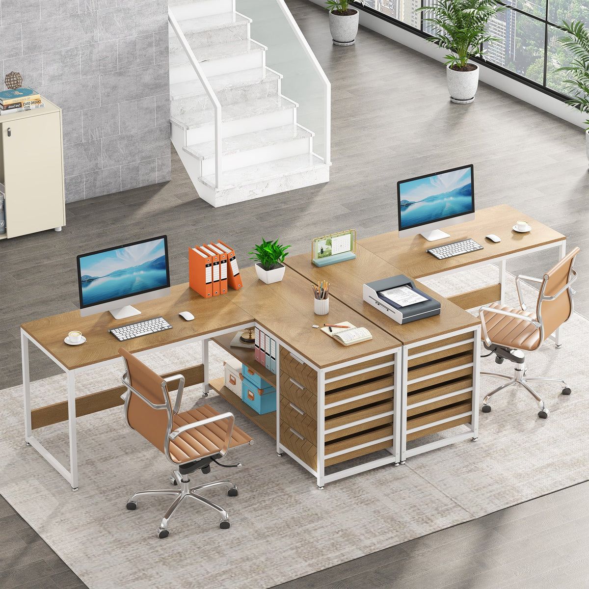 59" L-Shaped Desk, Reversible Corner Computer Desk with Drawers and Shelves