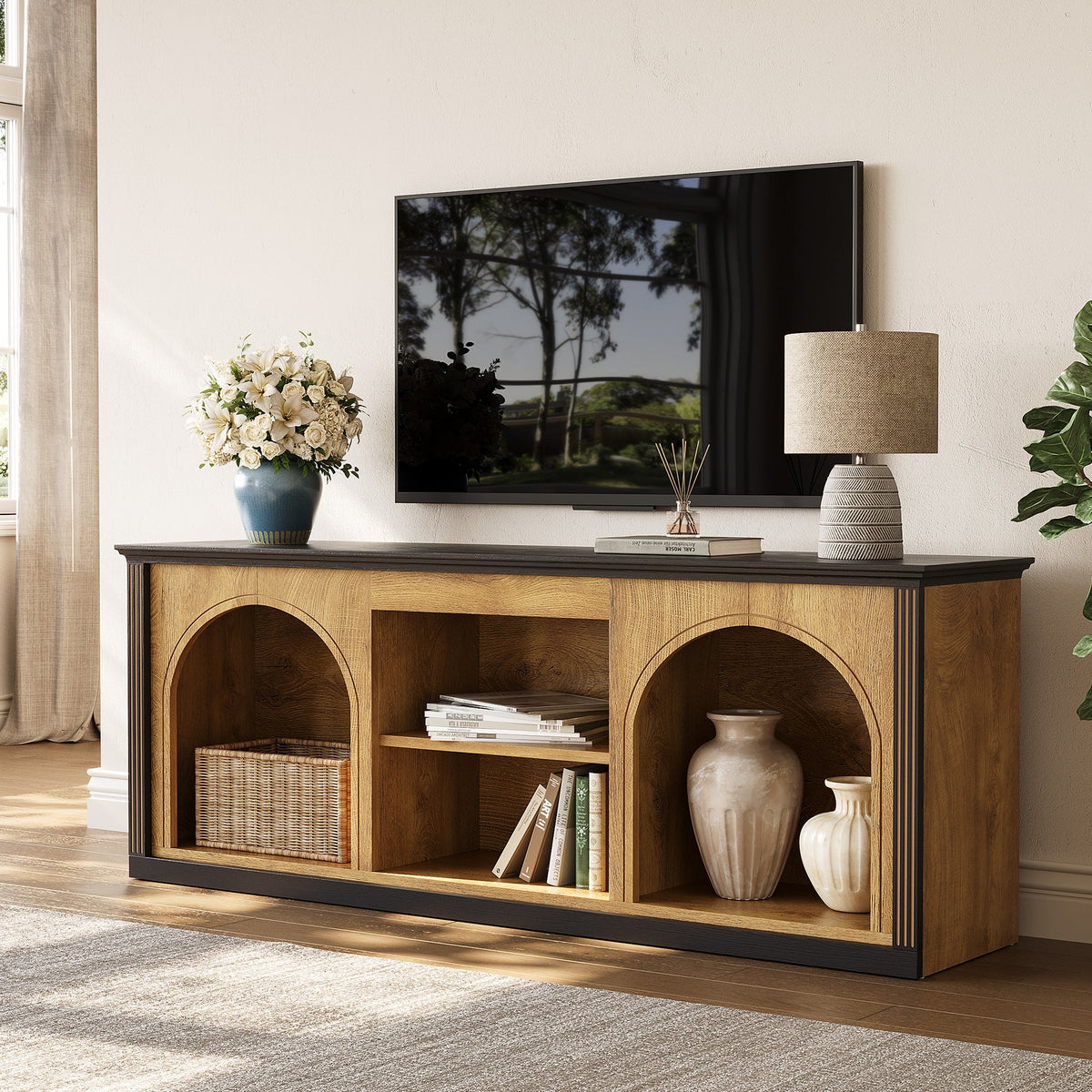 Modern TV Stand with Arched Shelves, Media Console for TVs up to 65 Inches in Living Room