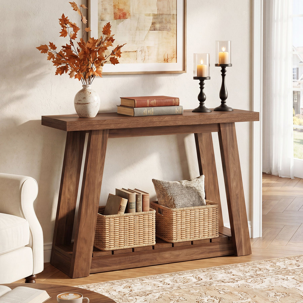 41.3-Inch 2-Tier Wood Console Table, Narrow Entryway Storage Sofa Table with Open Shelves for Living Room and Hallway