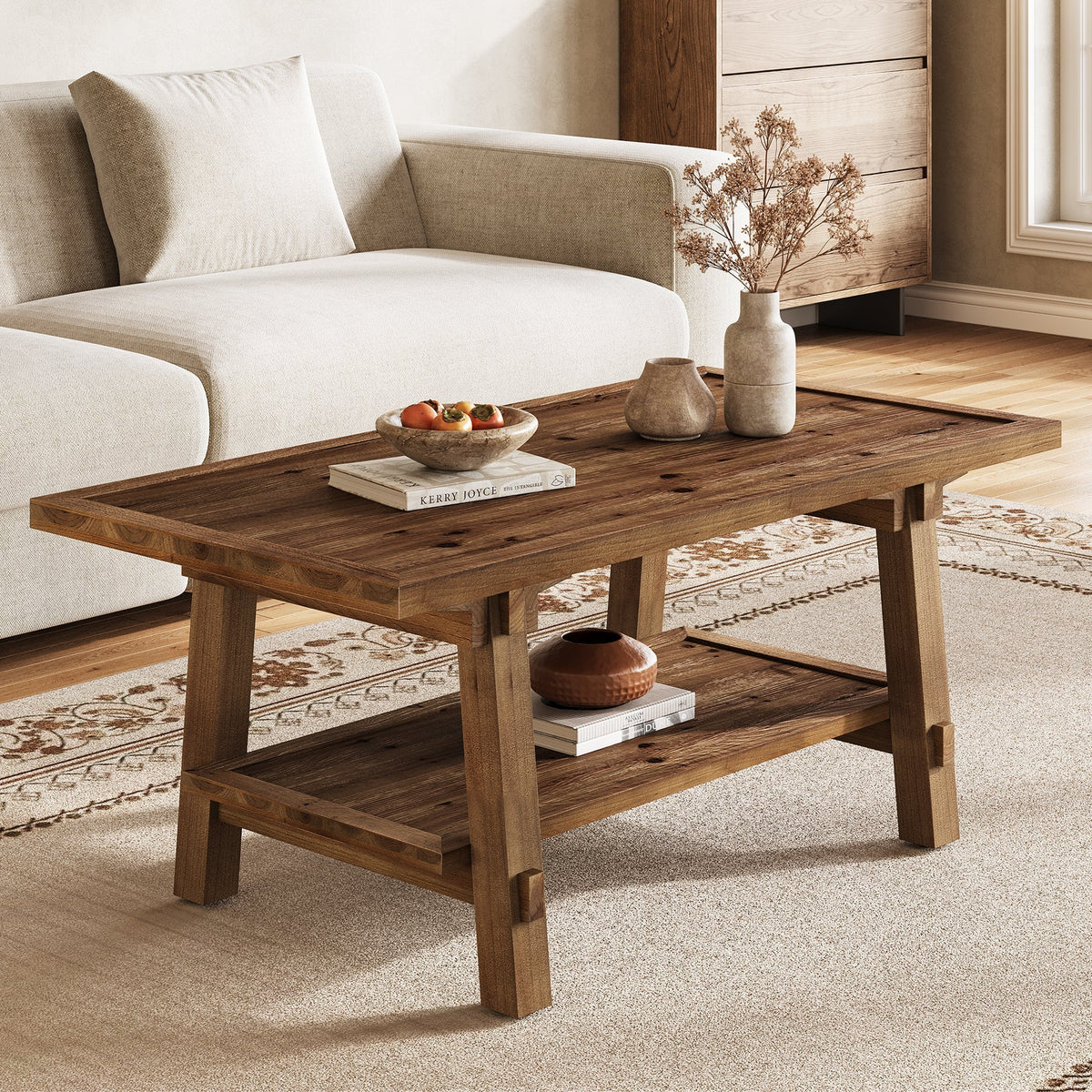 47 Inch Solid Wood Coffee Table, Rustic Farmhouse Rectangle Center Table
