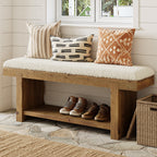 47.2-Inch Farmhouse Entryway Bench with Storage Shelf, Solid Wood Upholstered Shoe Bench for Mudroom