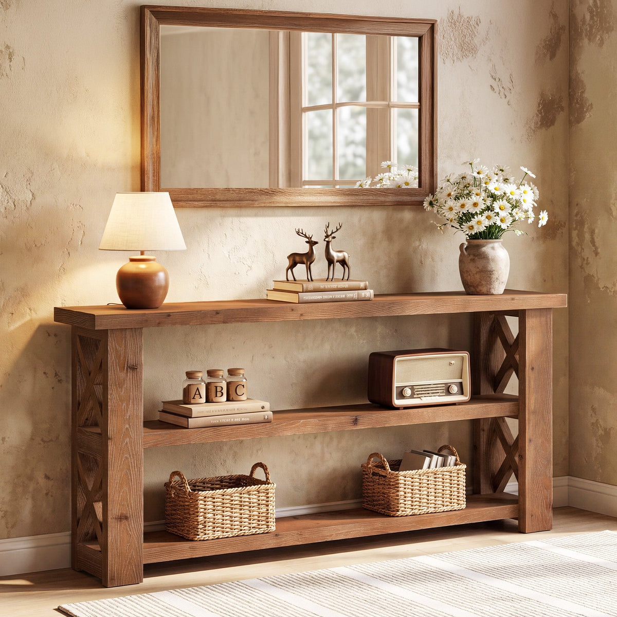 63 Inch Solid Wood Console Table with X-Frame, 3-Tier Hallway Table for Living Room