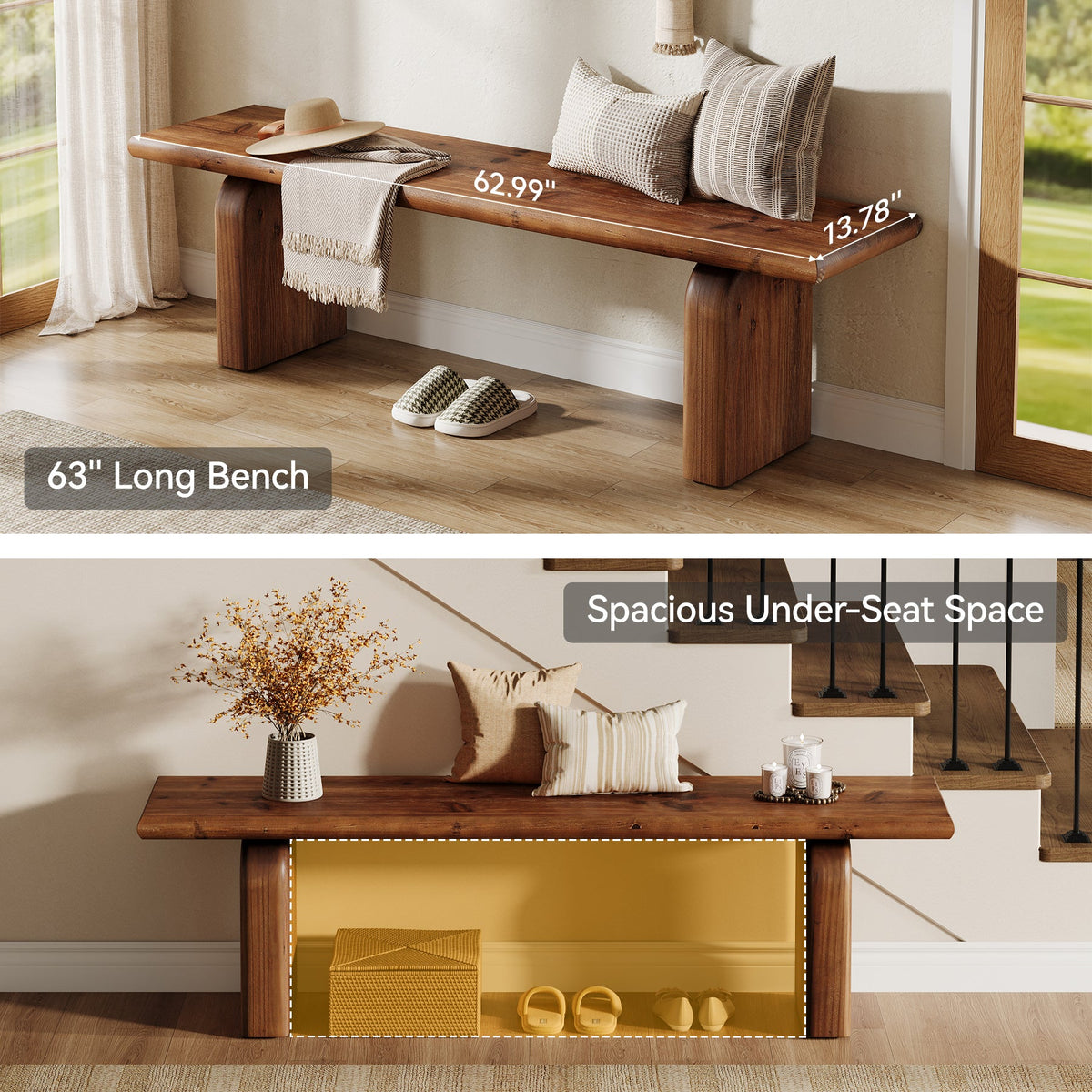 62.99 Inch Solid Wood Entryway Bench, Farmhouse End of Bed Bench for Bedroom and Hallway
