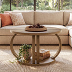31.5 Inch Round Coffee Table with Storage, Sculptural Curved Base for Living Room